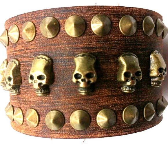 Skull and Spiked Brown Leather Bracelet-New 9 Inches Unisex - Picture 6 of 8